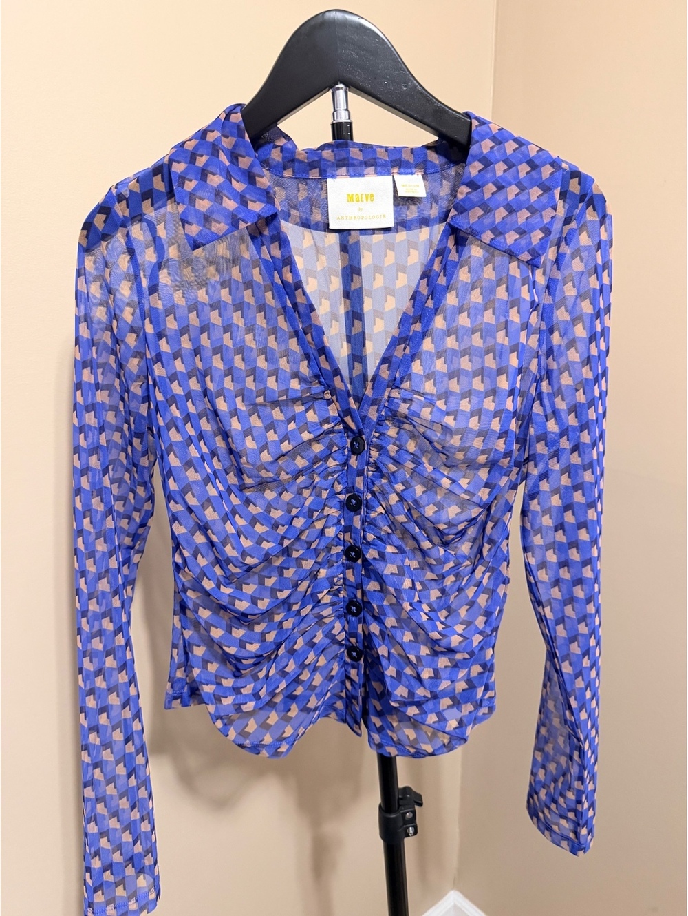 Maeve Anthropologie Sheer Mesh Ruched Button Front Blouse Blue Medium